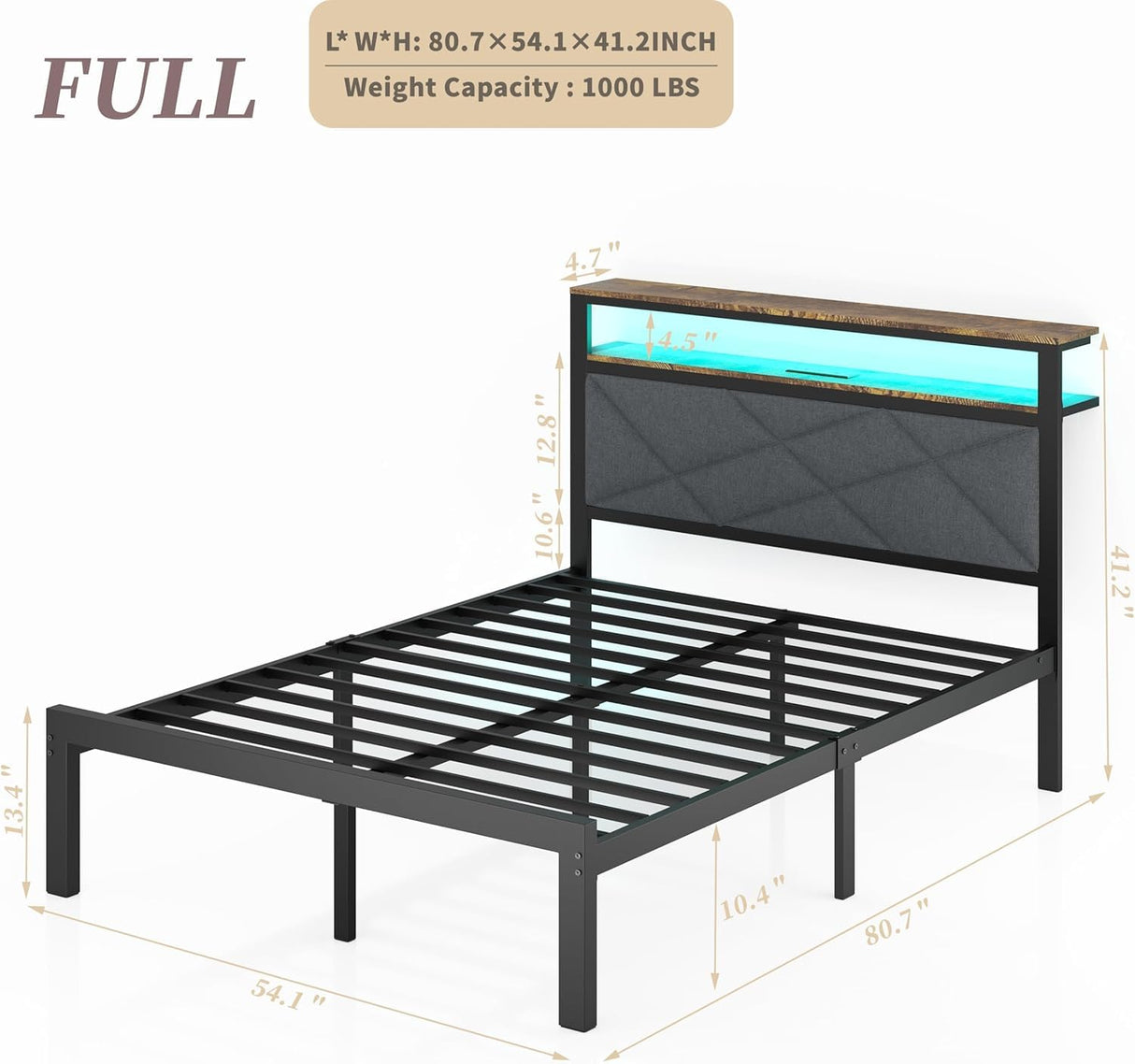 ChicZhiNest Full Bed Frame with Charging Station, LED Lights, Heavy Duty Metal Slats, Headboard with Upholstered Back and Storage Shelves, No Box Spring, Noise-Free, Easy Assembly, Dark Gray ChicZhiNest