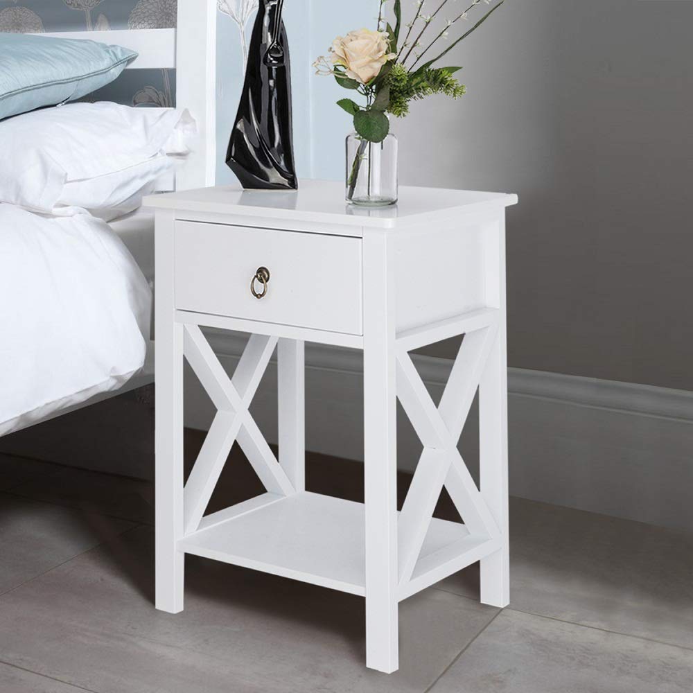 Bonnlo White Nightstand, Small Nightstand with drawer & shelf, Farmhouse Night Stand Bedroom, End Table/Bedside Table/White Side Table w/Rustic Handle for Small Spaces, Dorm, Kids Room, Living Room Bonnlo