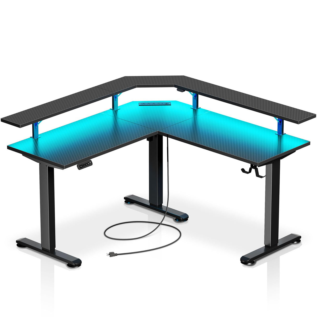 Rolanstar Standing Desk L Shaped with LED Light and Power Outlet, Electric Height Adjustable Desk with Monitor Stand, Carbon Fiber Rolanstar