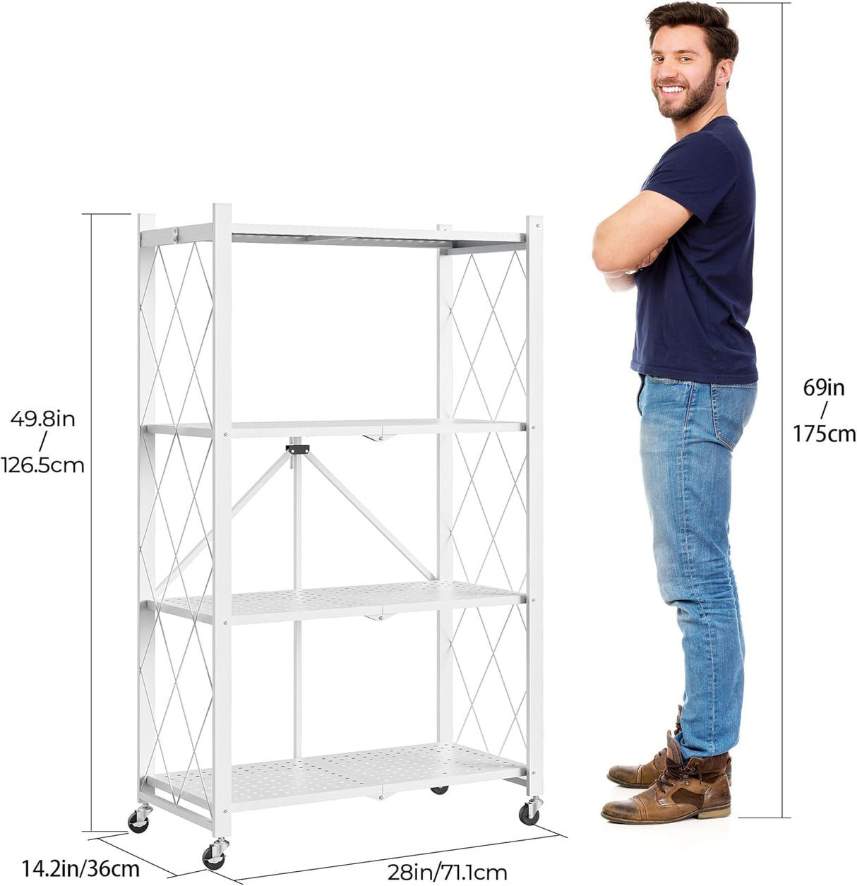 LUCKPRO 4-Tier Folding Metal Storage Rack - 50" Heavy-Duty Steel Frame with Wheels, No Assembly Utility Organizer, Rolling Shelving Unit for Kitchen, Garage, Pantry, Bedroom (White, 4 Tier) LUCKPRO