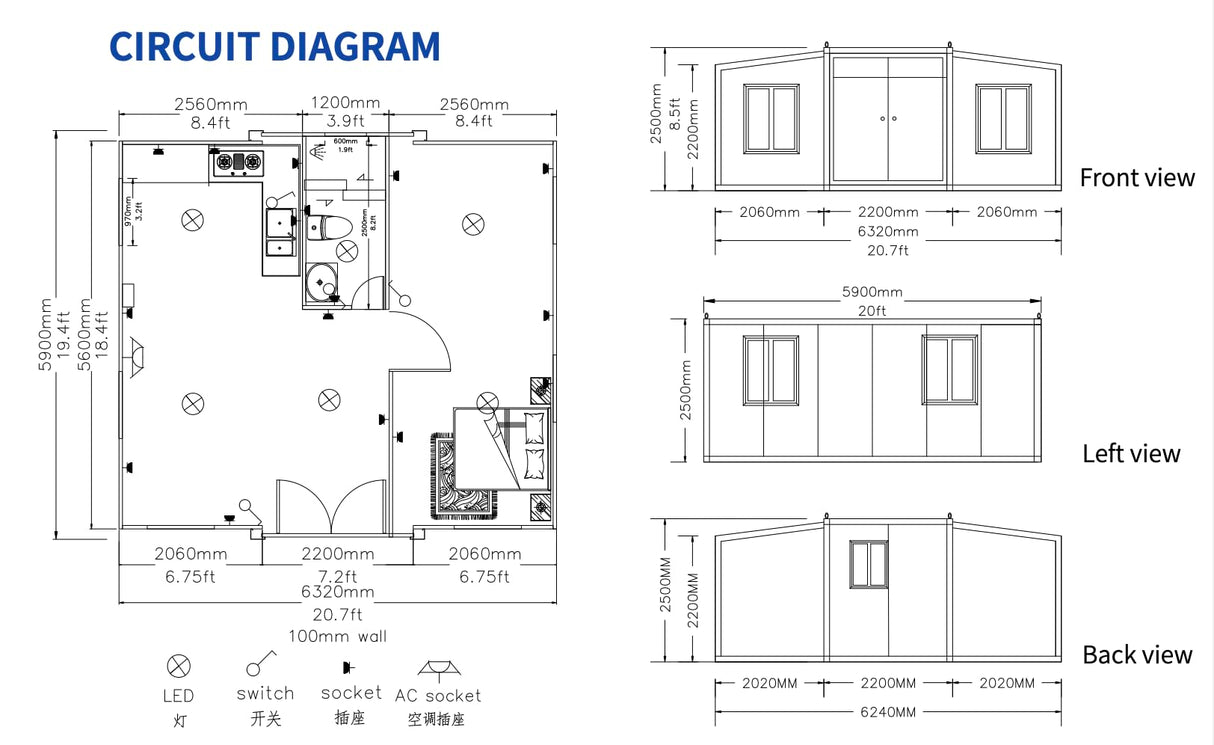 40Ft Pre Fabricated Expandable Container House | 3 Bedroom Set | Kitchen | Bathroom with a washbasin, Mirror and a Smart Toilet seat | Luxury Tiny Villa | Portable Home | 77 Square Metre Generic