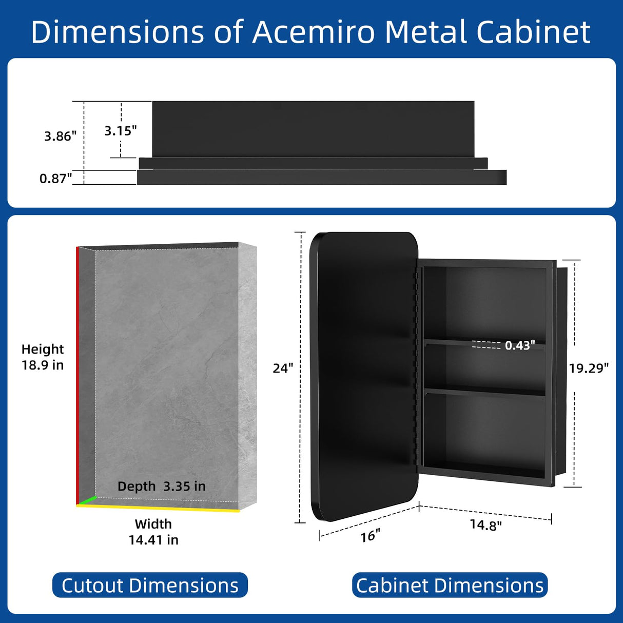 ACEMIRO 16x24 Inch Black Mirror Medicine Cabinet Metal Framed Recessed Wall Mounted Bathroom Medicine Cabinet with Mirror and Storage ACEMIRO