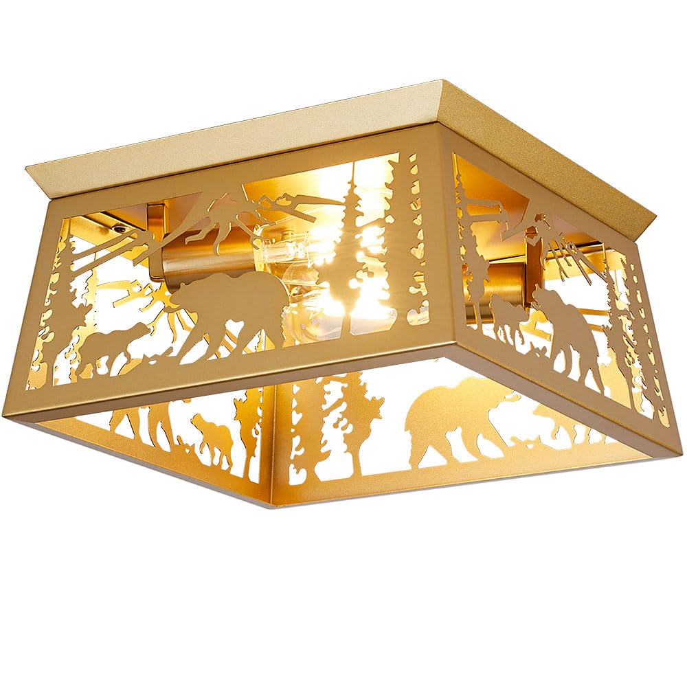 Gold Bear Lamp, Log Cabin Semi Flush Mount Ceiling Light Rustic Modern Farmhouse Golden Bear Light for Bedroom Entryway Living Room Foyer,E26 Base, 12.5" Feohak