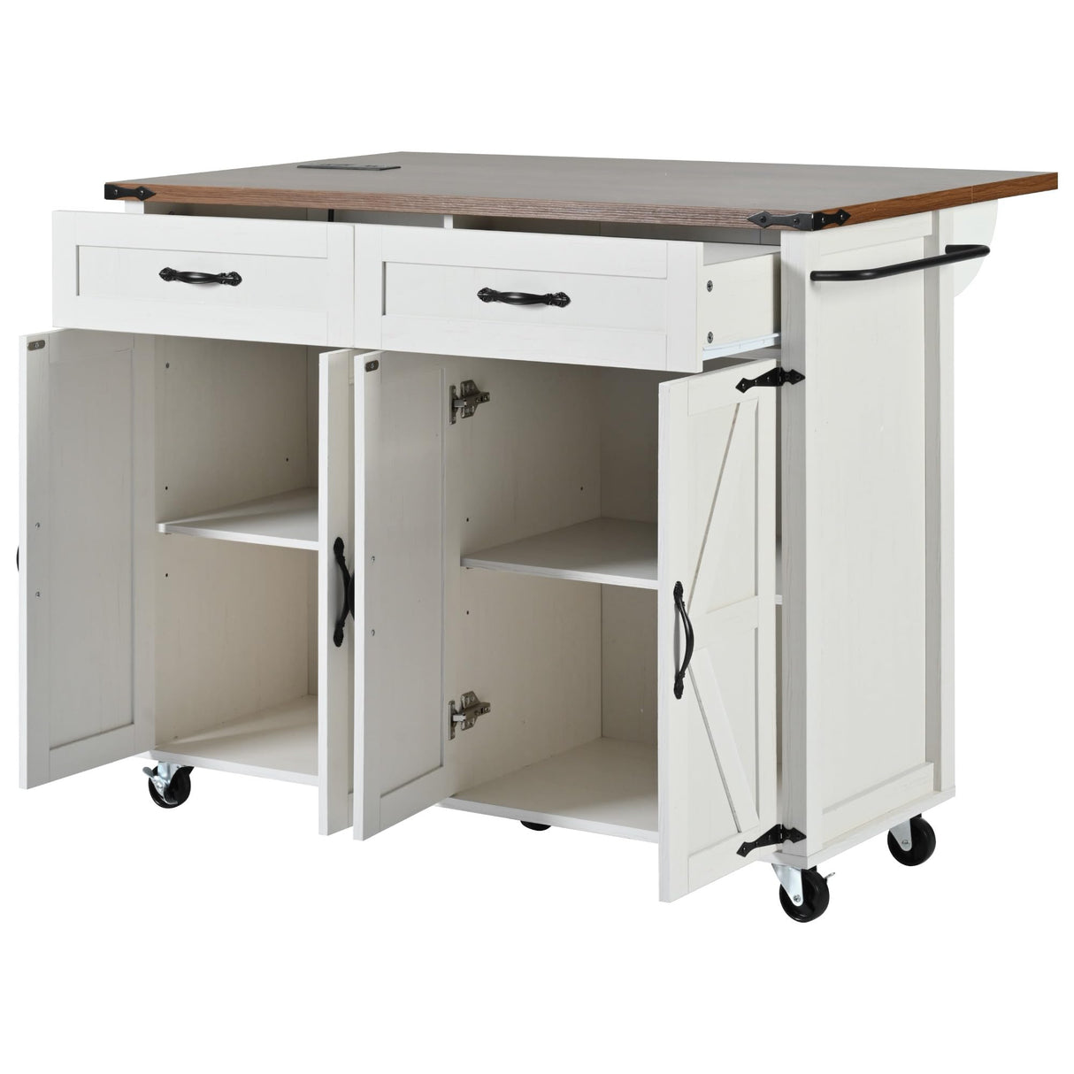 Bellemave 53.5" Farmhouse Kitchen Island cart, Kitchen Cart with Charging Station, Rolling Kitchen Island Table with Drop-Leaf, 2 Drawers, Large Kitchen Island, White Kitchen Island Bellemave