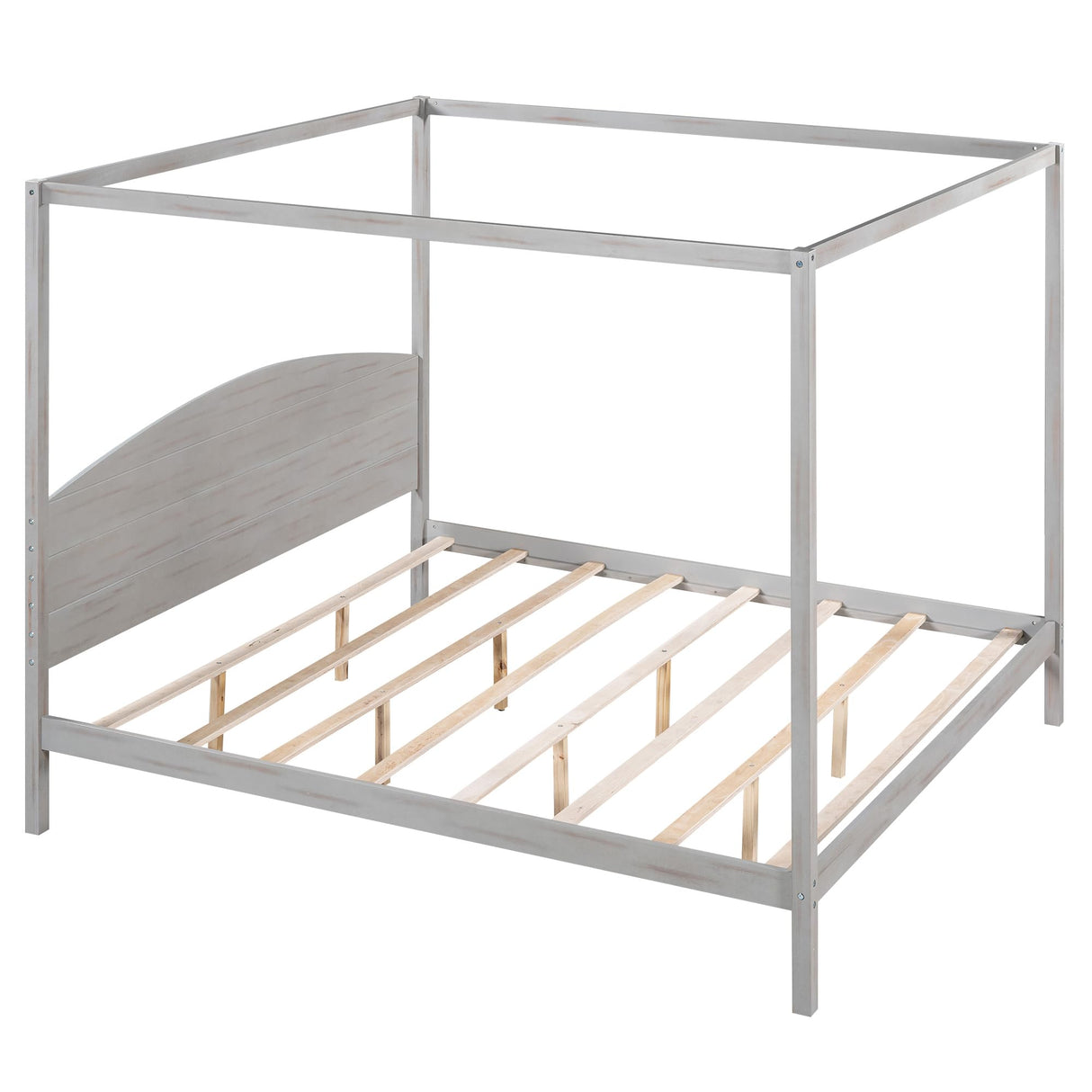 Merax King Size Wood Canopy Bed Frame with Headboard in Grey Wash, Sturdy and Squeak-Resistant Design Merax