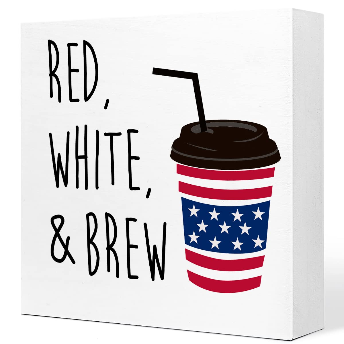 Funny Red White and Brew American Flag Coffee Patriotic Wooden Plaque Sign Desk Decor,Retro 4th of July Wood Block Sign Desk Decorations for Home Bedroom Living Room Office Shelf Table Decor Ruvoty