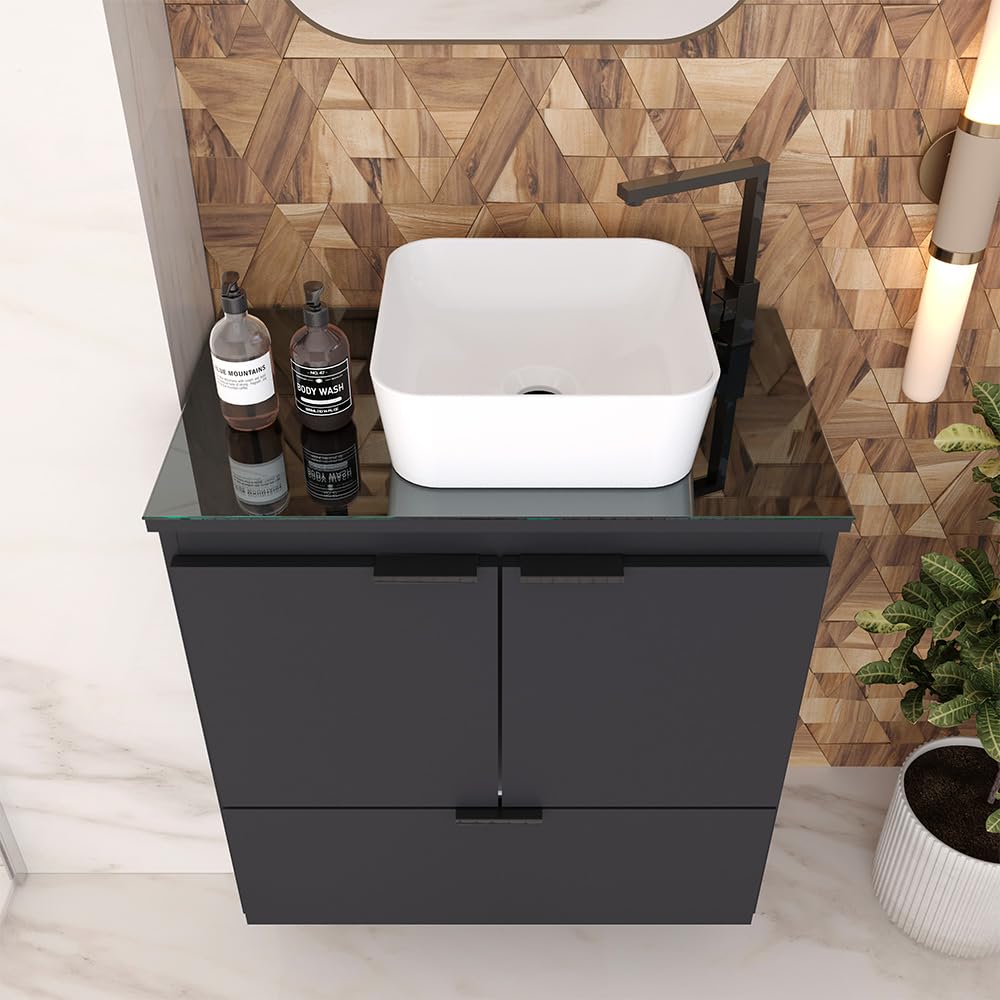 COZIMAX Cabinet and Sink Soul 24" Floating Bathroom Vanity with White Ceramic Sink, Tempered Glass Countertop, Soft Close Doors, 1 Drawer, Wall Mount (Black) COZIMAX