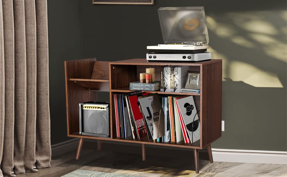 QHITTY Record Player Stand, Mid-Century Modern Vinyl Record Storage Cabinet Table with Wood Legs, Turntable Stand Record Holder Holds Up to 300 Albums for Living Room, Bedroom QHITTY