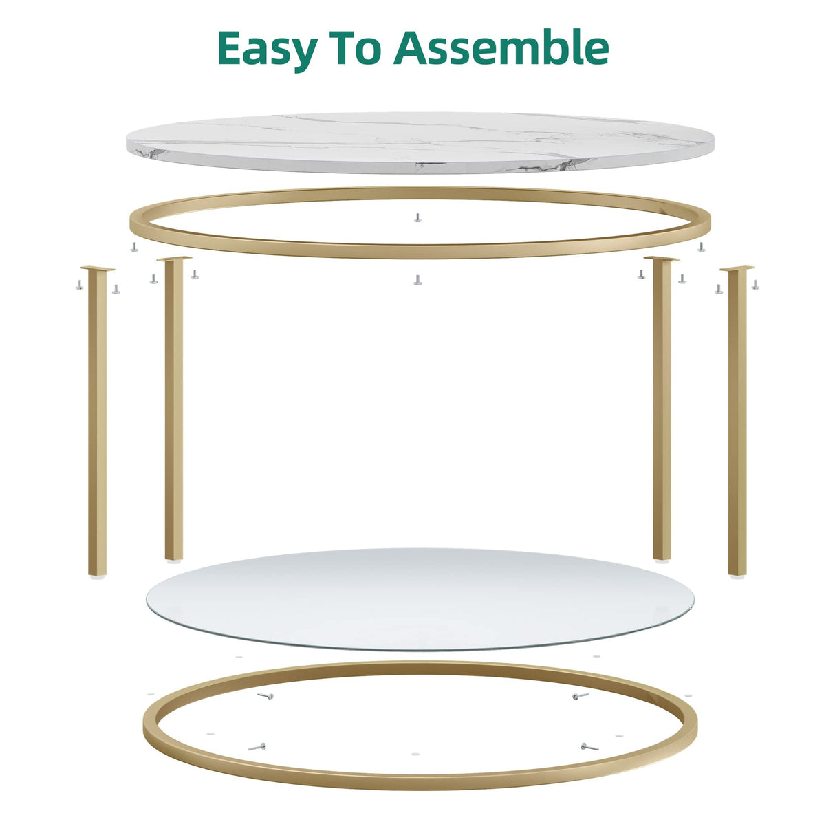 YITAHOME White Marble Round Coffee Table with Glass for Living Room, 2-Tier Circle Coffee Table with Storage Clear Coffee Table, Simple Modern Center Cocktail Table, White & Gold YITAHOME