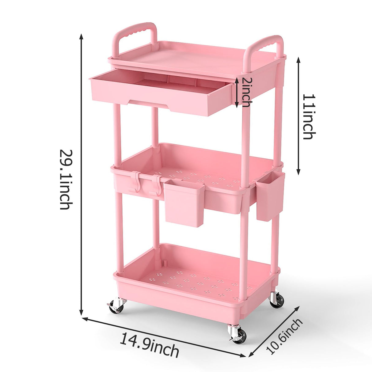 LLMRR 3 Tier Rolling Utility Cart with Drawer, Plastic Storage Organizer Rolling Carts with Wheels Handles Hanging Cups Hooks for Office, Bathroom, Kitchen,Craft Art Room (Pink) LLMRR