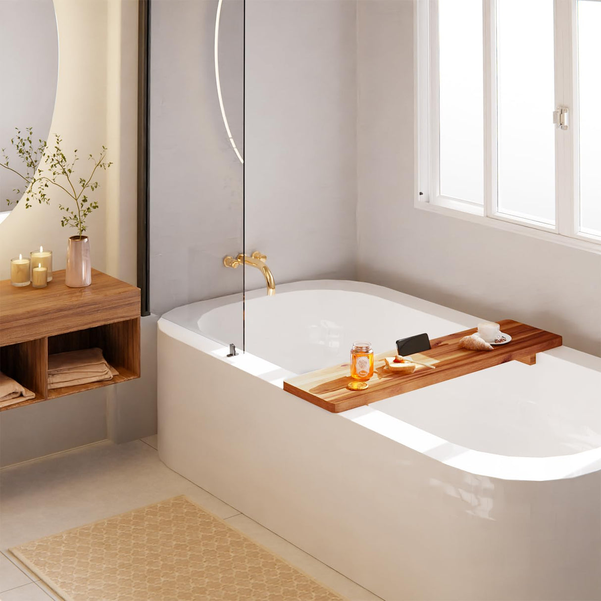 Tinamo Acacia Bathtub Caddy Tray Table | 35x9 Inch Large Bath Tub Tray Wooden | Anti-Tipping, Sustainable Tub Tray for Bathtub | Bathtub Accessories TINAMO