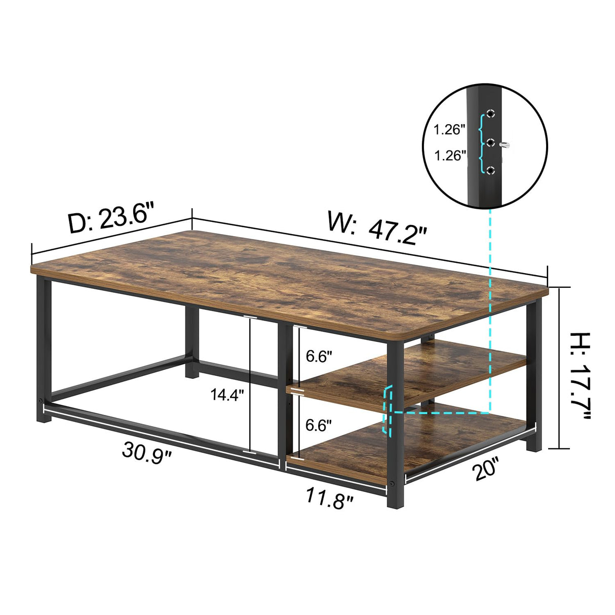 EXCEFUR Modern Coffee Table, Rustic Wood and Metal Living Room Table with Storage Shelf, Industrial Brown, 47 Inch