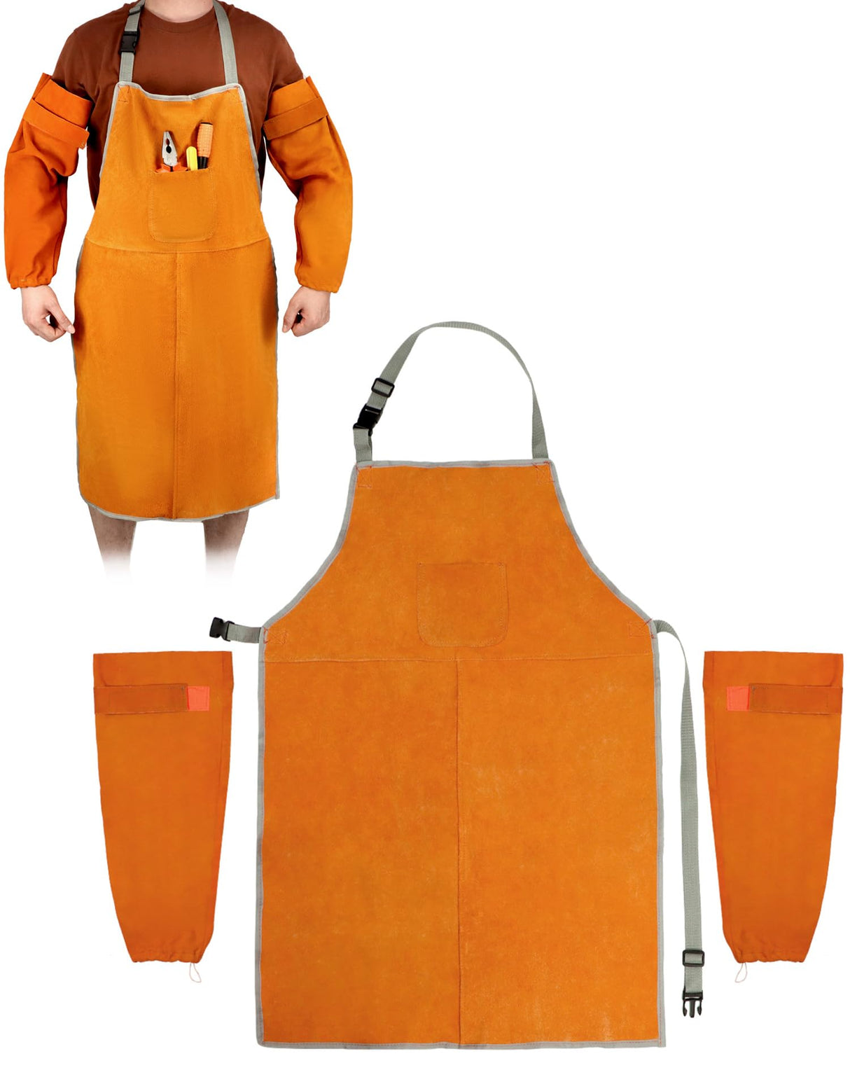 QWORK Welding Apron& Sleeves, Welding Work Protectors Set, Heat and Flame Resistant Leather Work Shop, Blacksmith Protective or Safety Clothing, Welders, Fireplace, Gardening, BBQ Apron, Bib Apron QWORK