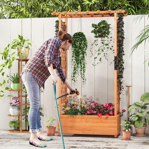 LDAILY Moccha Raised Garden Bed with Trellis, Wood Garden Planter with Hanging Roof, Drainage Holes, Freestanding Elevated Planter Box for Climbing Plants, Vines, Flowers, 43.5" x 17.5" x 72" LDAILY