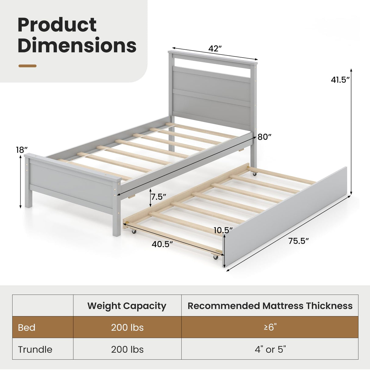 KOMFOTT Twin Bed Frame with Trundle, Wood Bed Frame with Pull-Out Trundle, Headboard & Footboard, Wooden Slat Support, No Box Spring Needed, Mattress Foundation (Grey) KOMFOTT