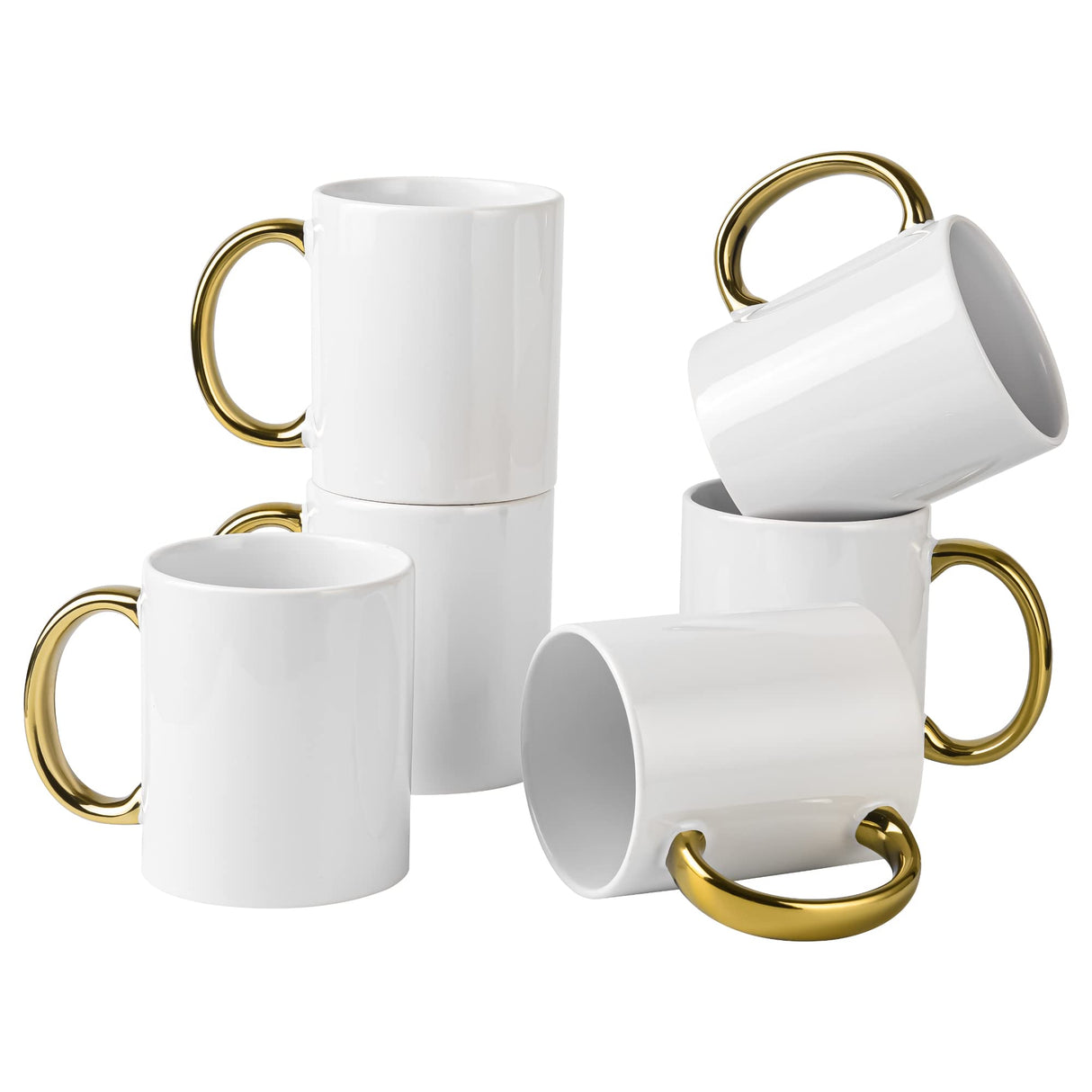 BYCNZB 12 oz Set of 6 White Mugs Sublimation Blank Mugs DIY Coated Ceramic Mugs for Coffee Tea, latte, Cappuccino Cocoa or DIY Gifts White/Gold BYCNZB