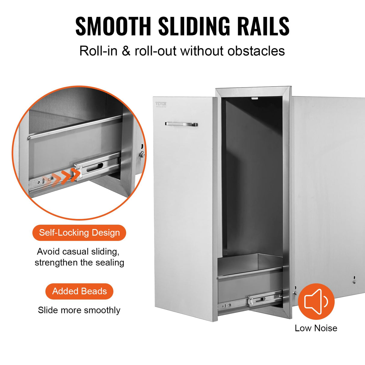 VEVOR Pull Out Trash Drawer 13.4"W x 25.7"H x 19.6"D Lower Sliding Rails Stainless Steel Roll Out Trash Bin Pull Out Tray Outdoor Kitchen Trash Drawer with Handle for BBQ Island Grill Station VEVOR