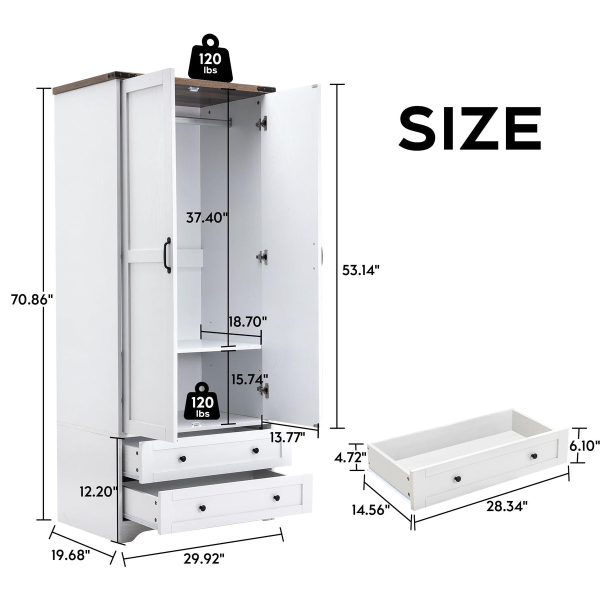 Yechen 71" Wooden Armoire Wardrobe Closet - Modern Functional Clothes Tall Storage Cabinet with Adjustable Shelf and Hanging Rail, Sturdy Freestanding Closet Wardrobe with 2 Wide Drawers for Bedroom Yechen