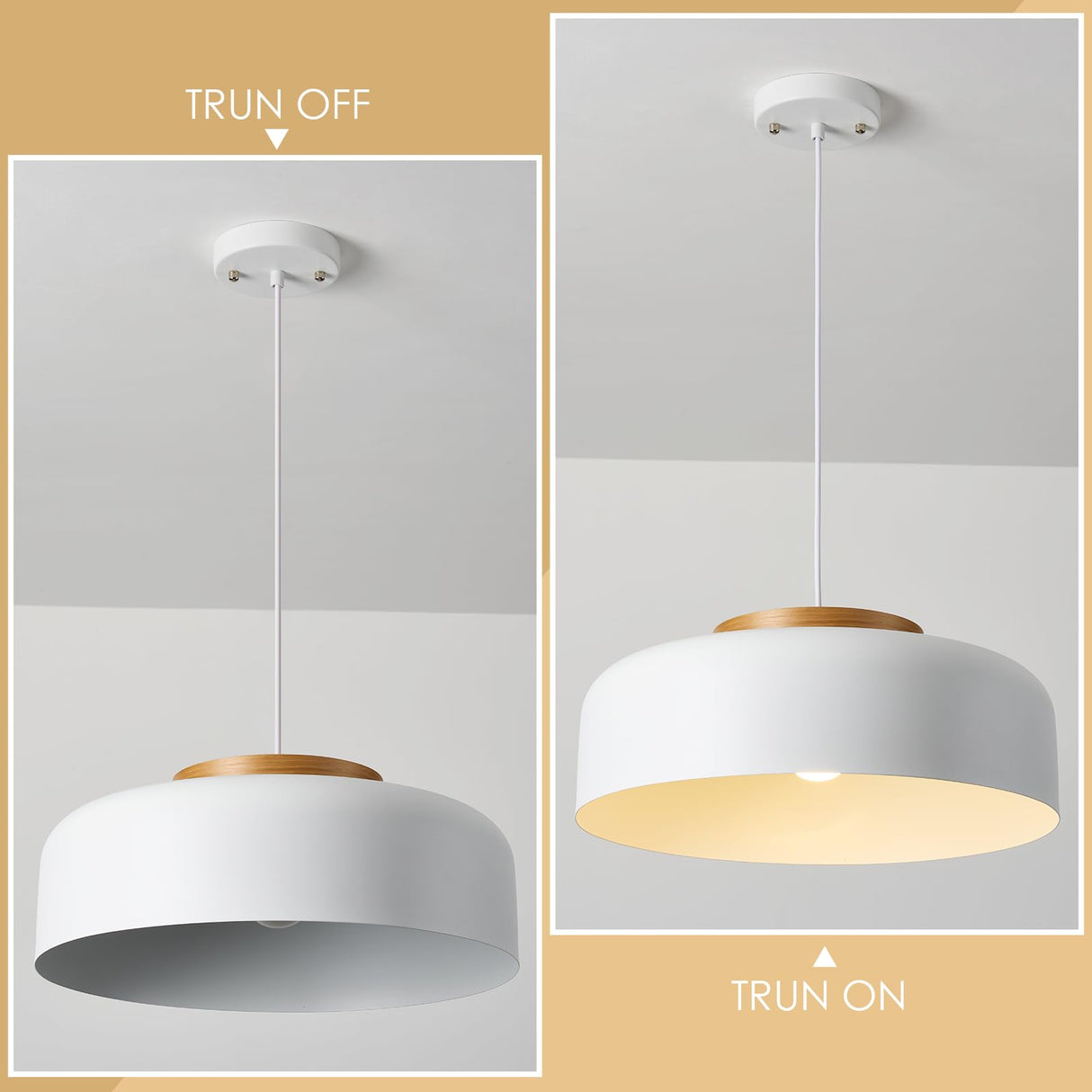 HUAWIYA Modern Pendant Lighting, 17.7 inch,Natural Wood Cap, Drum Simple Large Pendant Light Fixture Chadelier for Dining Table, Kitchen Island, Matte White HUAWIYA