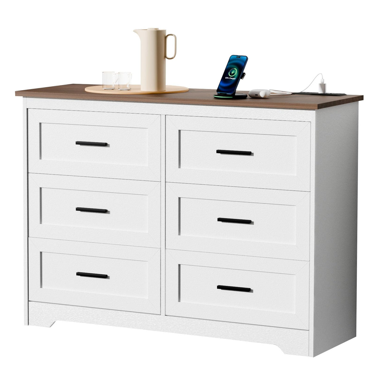 GEPELCN Farmhouse Dresser for Bedroom 6 Drawers Dresser with Power Outlets Rustic Chest of Drawers with Natural Texture White Organizer for Living Room Hallway GEPELCN