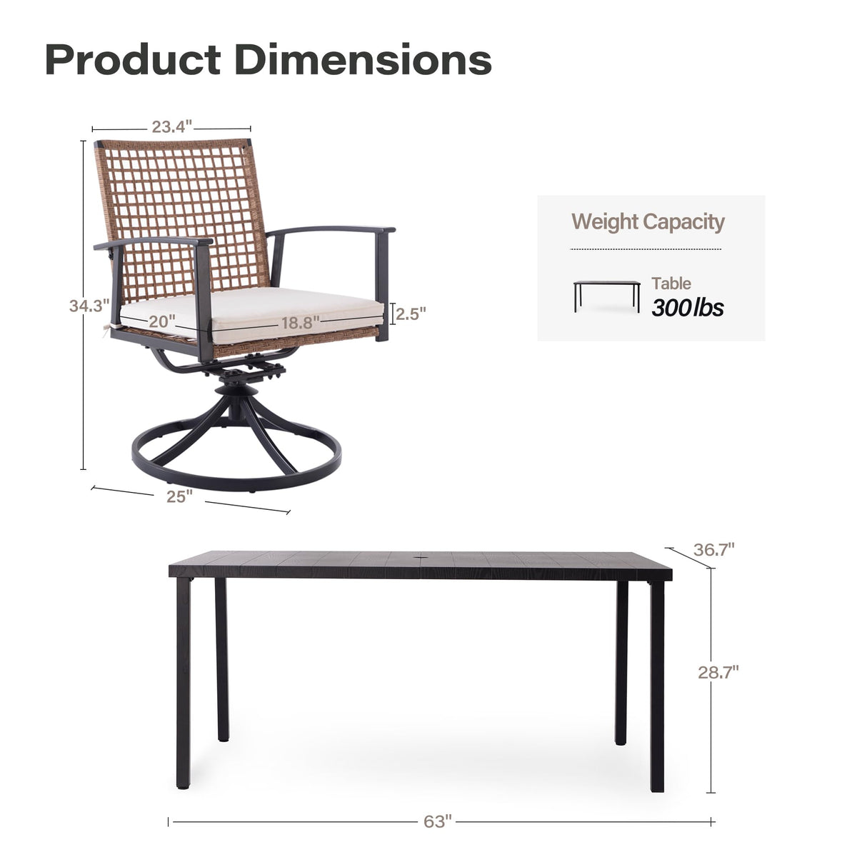 LAUSAINT HOME 7 Pieces Patio Dining Set, Outdoor Furniture Set of 6 Swivel Chairs with Soft Cushion and Iron Slats Table Top with Umbrella Hole, Conversation Set for Backyard LAUSAINT HOME