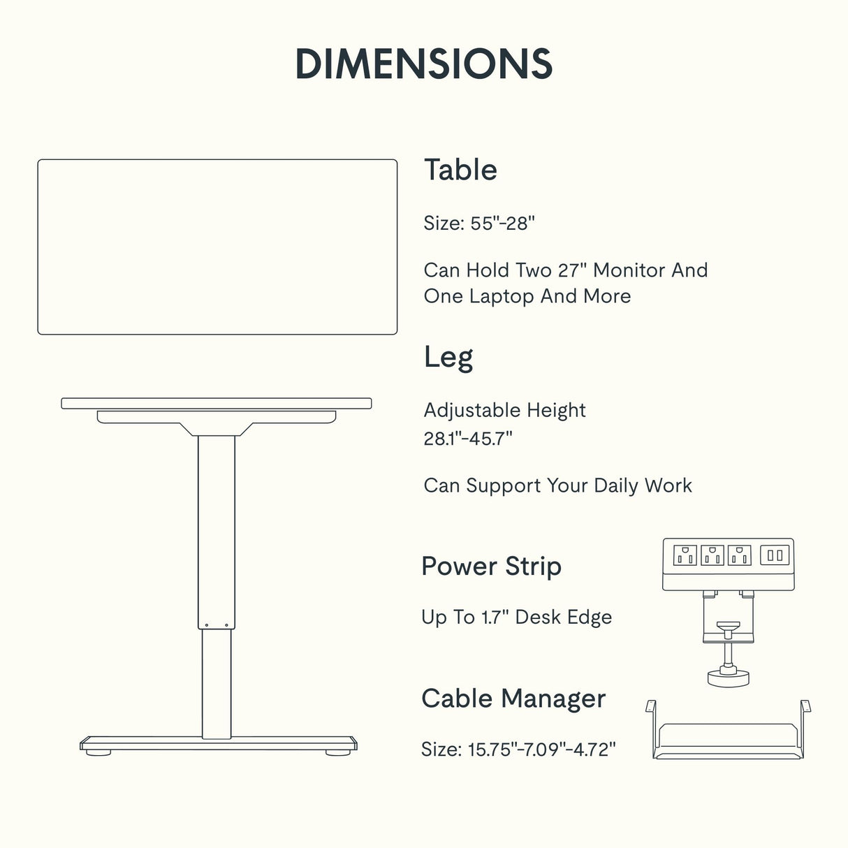 FLEXISPOT EN2 Whole-Piece Standing Desk with Clamp Power Strip, 55 x 28 Electric Stand Up Height Adjustable Desk with Cable Management (White Frame + 55" White Top,2 Packages) FLEXISPOT
