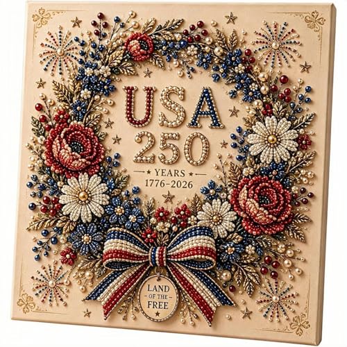 USA 250th Anniversary Beaded Floral Art Kit, Patriotic DIY Pearl Embroidery Canvas (1776–2026 Edition), US 250th DIY Pearl Beaded Floral Craft Decoration, 4th of July Diamond Painting Kit (Wreath)