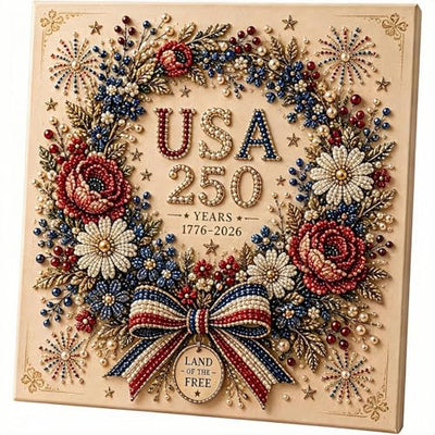USA 250th Anniversary Beaded Floral Art Kit, Patriotic DIY Pearl Embroidery Canvas (1776–2026 Edition), US 250th DIY Pearl Beaded Floral Craft Decoration, 4th of July Diamond Painting Kit (Wreath)
