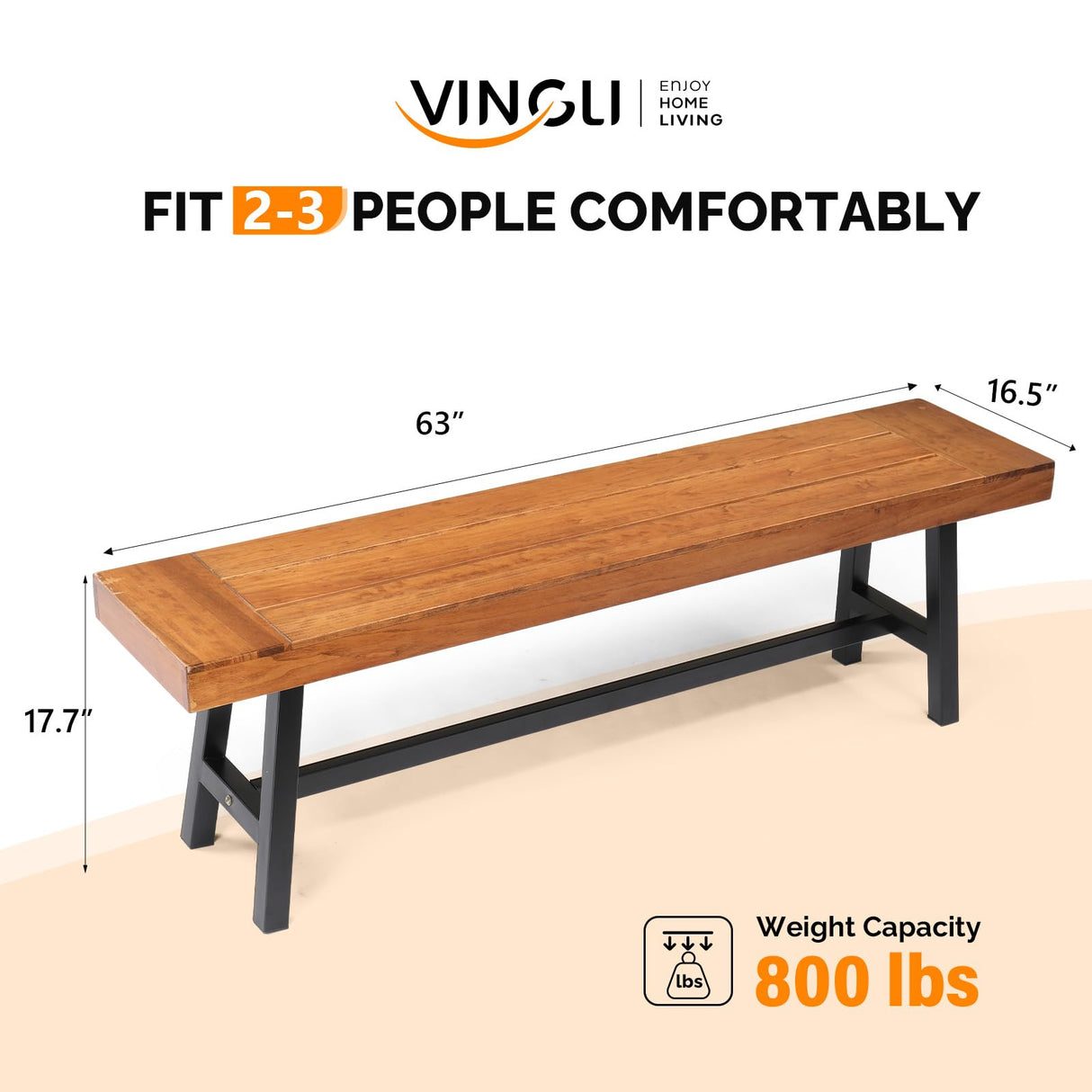 VINGLI Outdoor Bench with Metal Legs Rustic, Wood Dining Bench Indoor Outdoor Porch Benches for Yard Garden Dining (63in) VINGLI