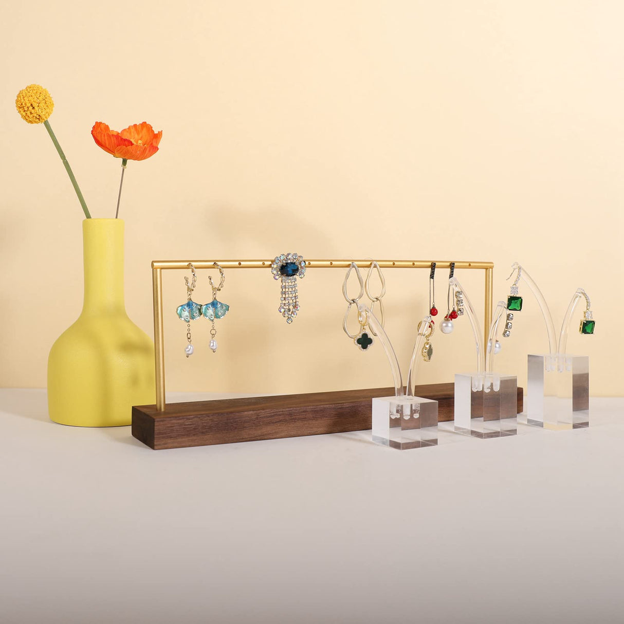 GemeShou wooden earring holder organizer for girls, walnut stud earring display stand for boutique store, jewelry storage organizer shelf【Walnut stand-One Tier】 GemeShou