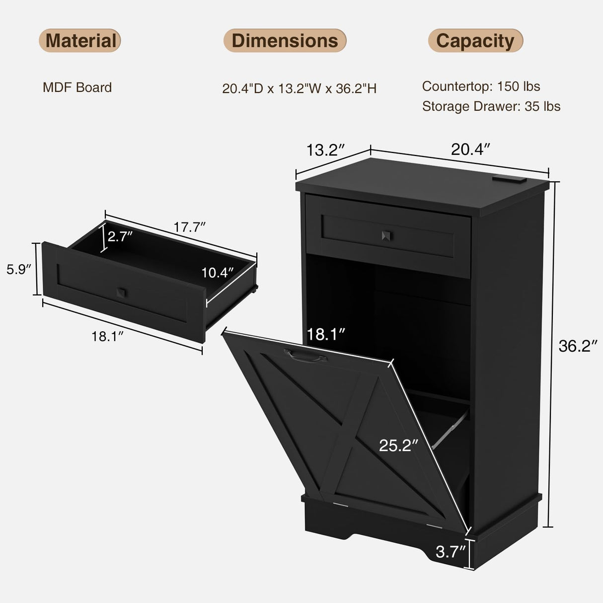 Tilt Out Trash Cabinet, Farmhouse Trash Can Cabinet w/Negative ion, Dog Proof 10 Gallon Garbage Can Cabinet for Kitchen, Bathroom, Living Room, Black Halitaa