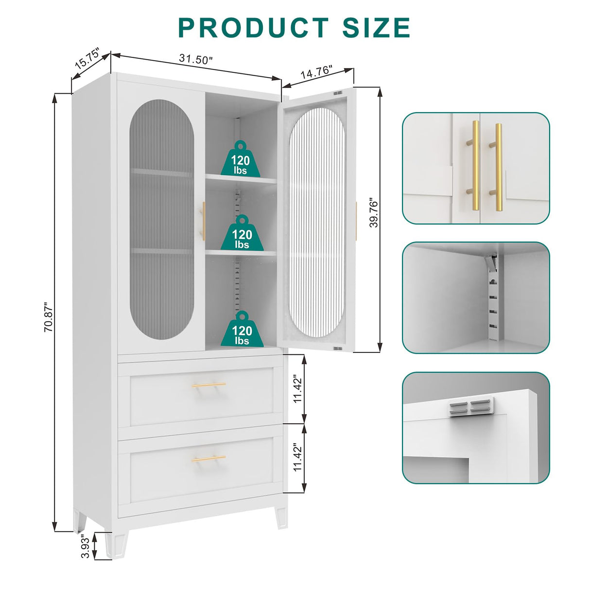 Nobilsteel 71”Storage Cabinet, Metal Accent Pantry Cabinet, Food Pantries Cabinets with Fluted Glass Doors, Storage Cupboard Kitchen, Dining Room, Nobilsteel