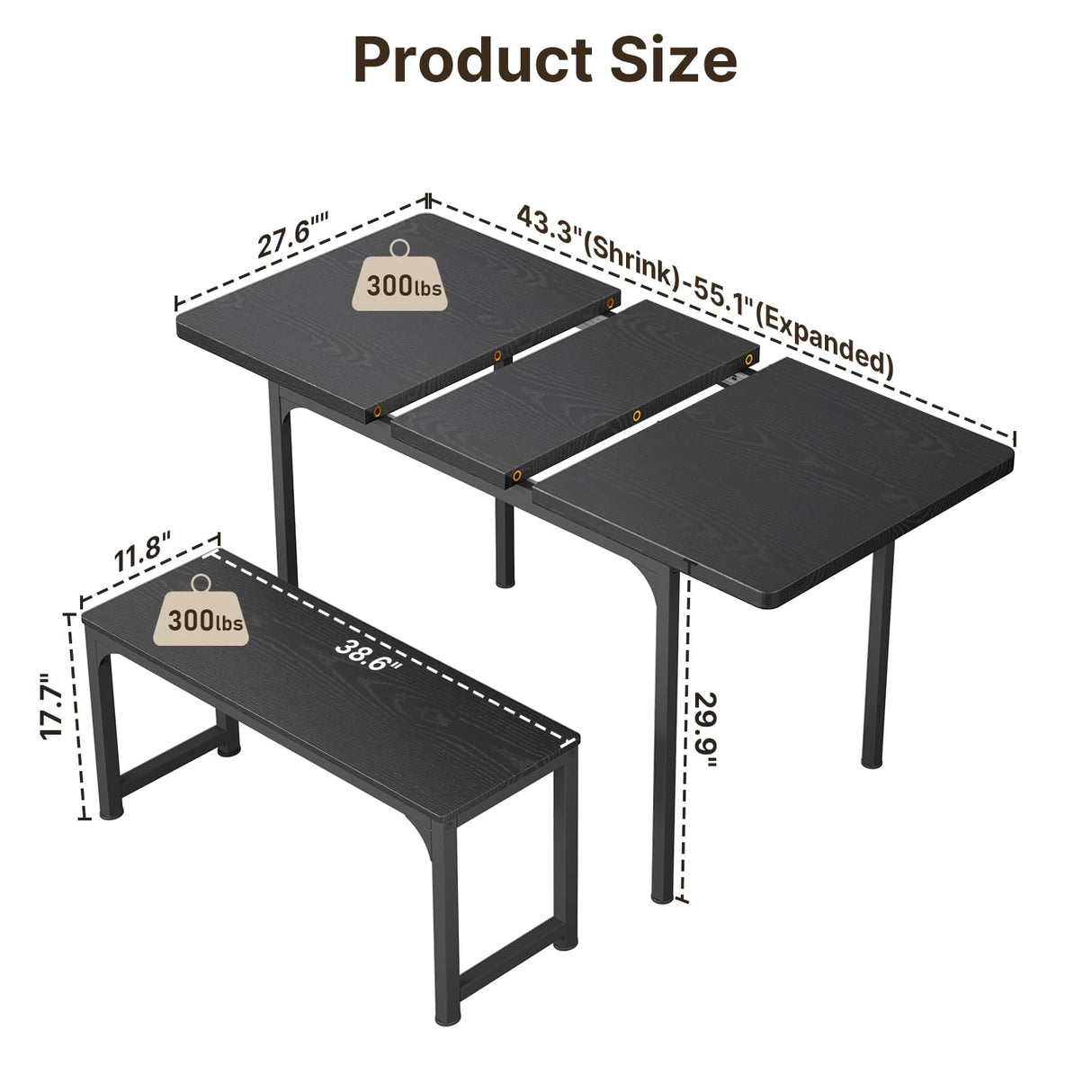 Gizoon Extendable Dining Table Set for 4,Kitchen Table Set with 2 Benches for Small Space,Apartment,Black Gizoon