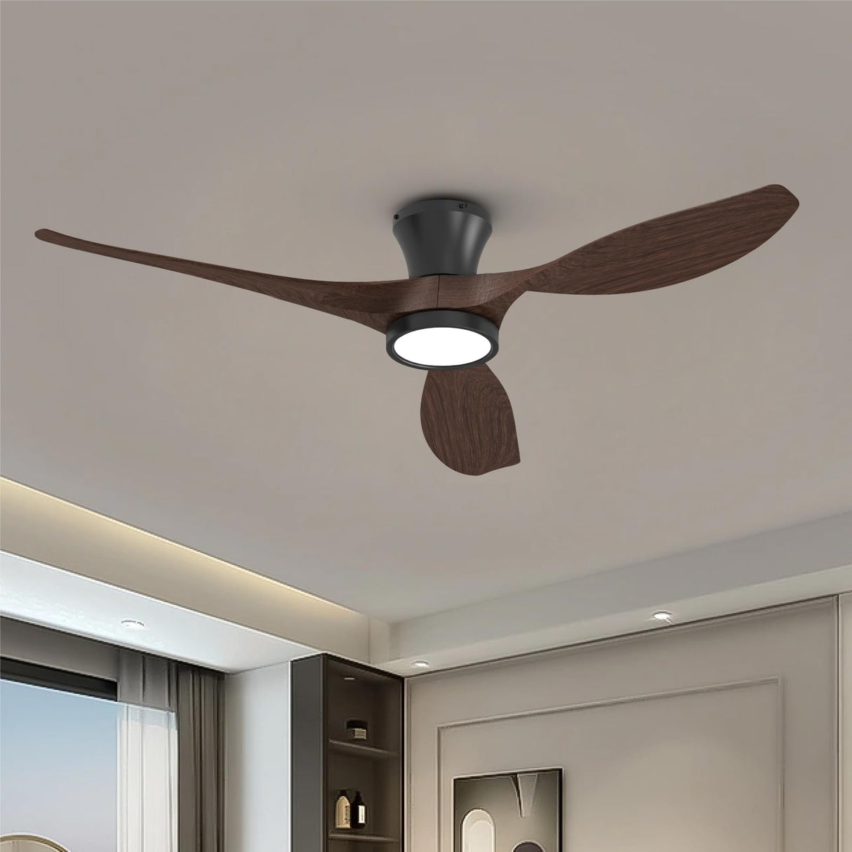 TALOYA 52 Inch Ceiling Fans with Led Lights Remote Control Flush Mount Low Profile for Bedroom Farmhouse Patio Outdoor Living Room Kitchen Dining Room,DC Motor,Reversible,Buzzer ON/OFF,Black Walnut TALOYA