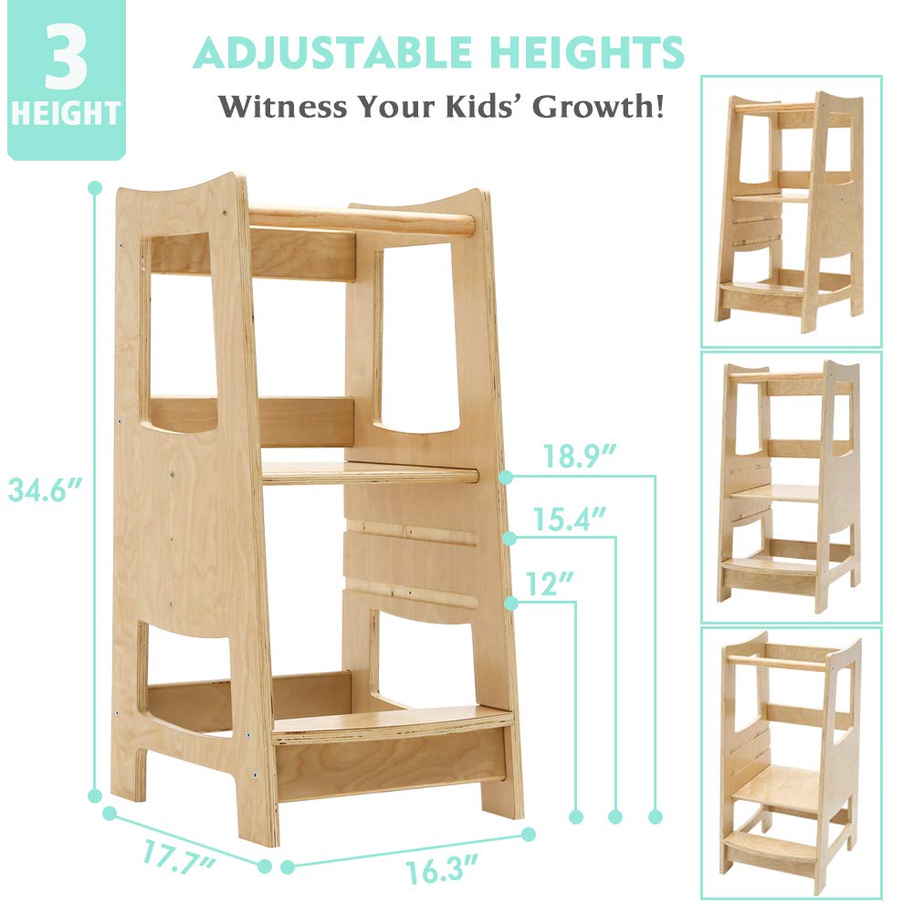 EGREE Toddler Kitchen Step Stool with Safety Rail Kids Wooden Standing Tower for Kitchen Counter and Bathroom Sink, 3 Heights Adjustable Step Up Stool Mothers' Helper, Solid Wood Construction, Natural EGREE
