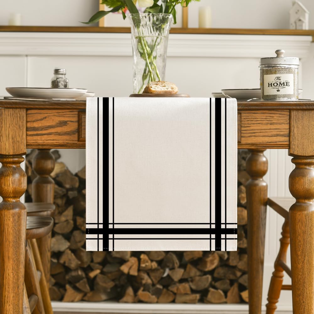 Artoid Mode Black Simple French Stripe Table Runner, Seasonal Spring Summer Kitchen Dining Table Decoration for Home Party Decor 13x72 Inch Artoid Mode
