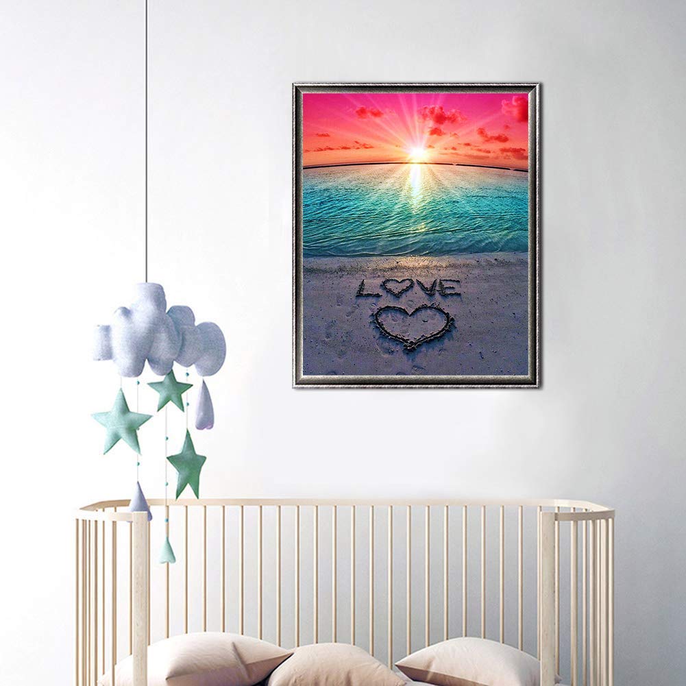 KTCLCATF Diamond Painting Beach by Number Kits,Sunset Love Diamond Art Kit Paint for Adults Beginner Full Drill Diamond Paintings Crystal Rhinestone Picture Arts Craft for Home Wall Decor Gift 16X12in KTCLCATF