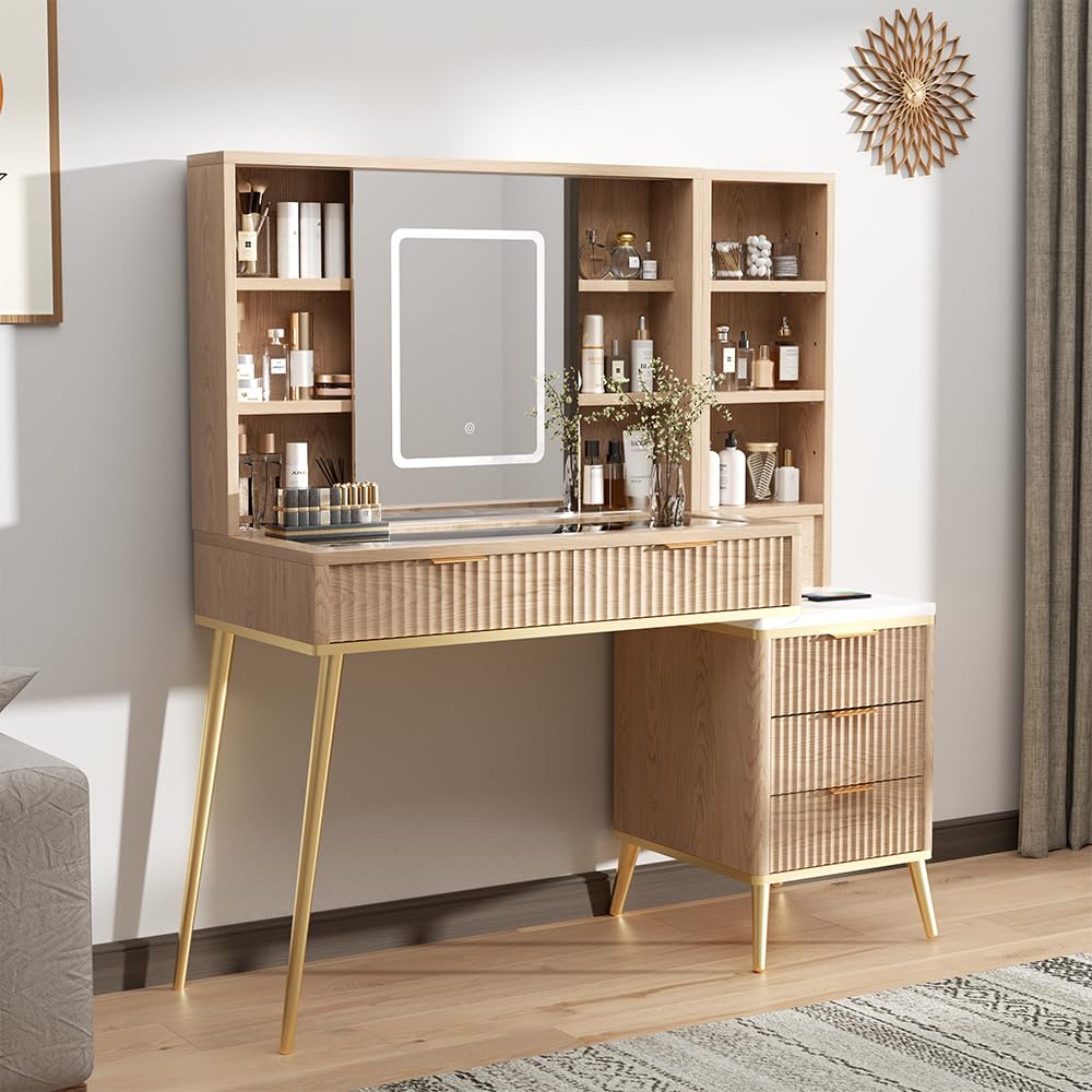 48" Fluted Makeup Vanity Desk with Sliding Mirror and Lights, Wooden Dressing Table with 5 Drawers and Adjustable Shelves,Makeup Vanity Table Modern Glass Top with Charging Station for Bedroom (Oak) TTSITG