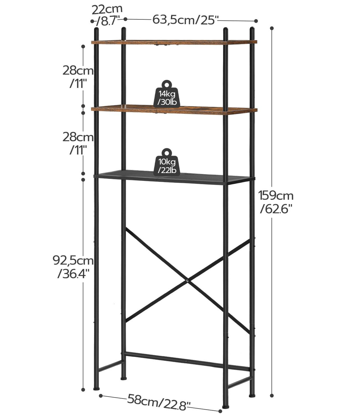 HOOBRO Over The Toilet Storage, 3-Tier Over Toilet Bathroom Organizer, Freestanding Above Toilet Shelf with Adjustable Feet, Space Saving, Easy to Assembly, Rustic Brown and Black BF63TS01 HOOBRO