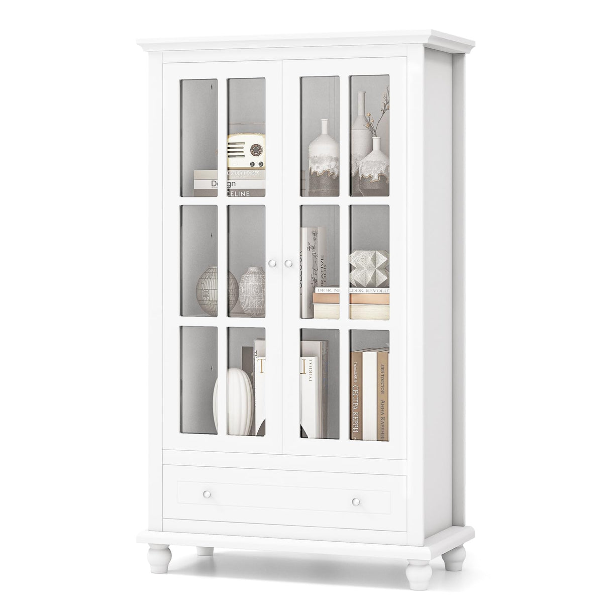 Giantex 55" White Tall Wooden Bookcase with Glass Doors, Adjustable Shelves, and Drawer Giantex