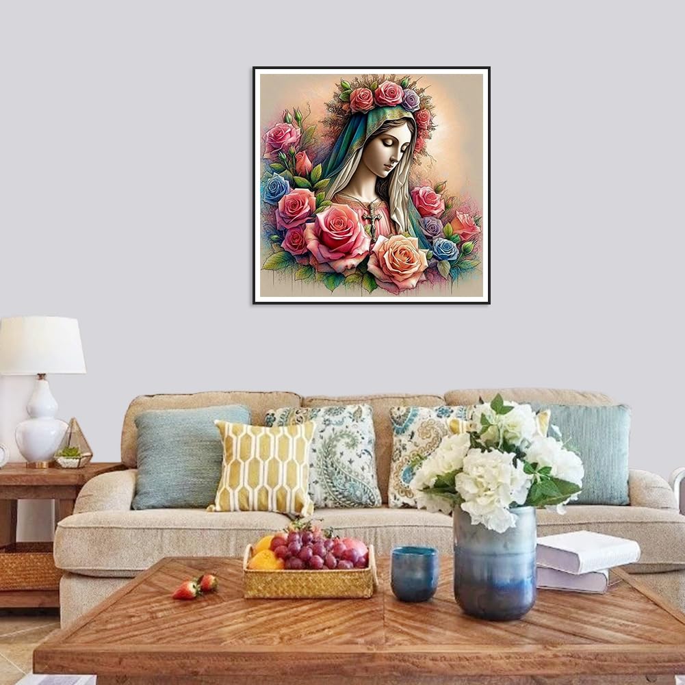FHBUBPUP Virgin Mary Diamond Painting Kits for Adults, Flower Diamond Art Kits for Beginners, 5D DIY Full Drill Round Gem Art, Paint with Diamond Beads Craft Christmas Home Wall Decor 12x12 inch FHBUBPUP