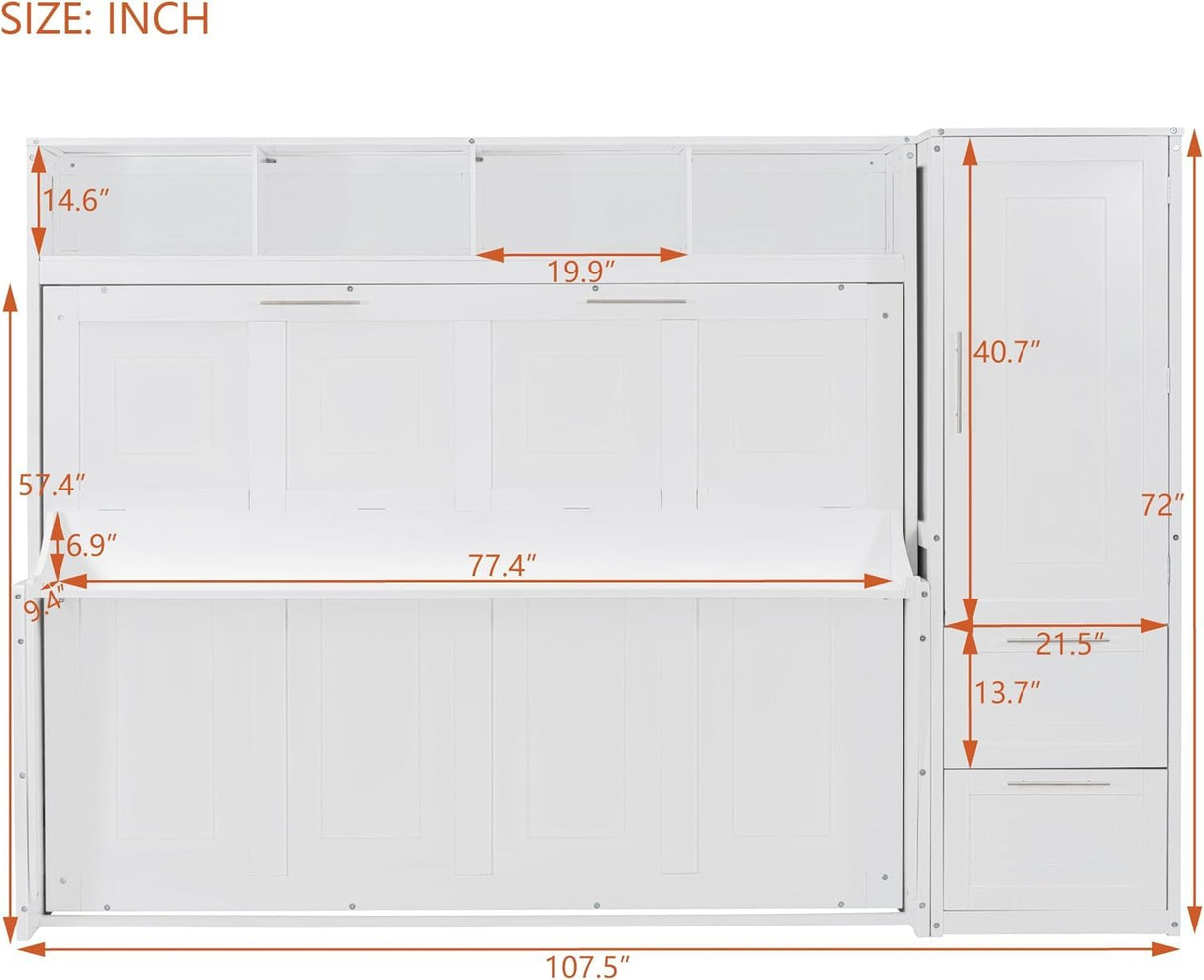 MERITLINE Full Murphy Bed with Wardrobe Closet,2 Drawer,4 Storage Open Shelves,Wood Folding Murphy Wall Bed Cabinet (White,Full) MERITLINE