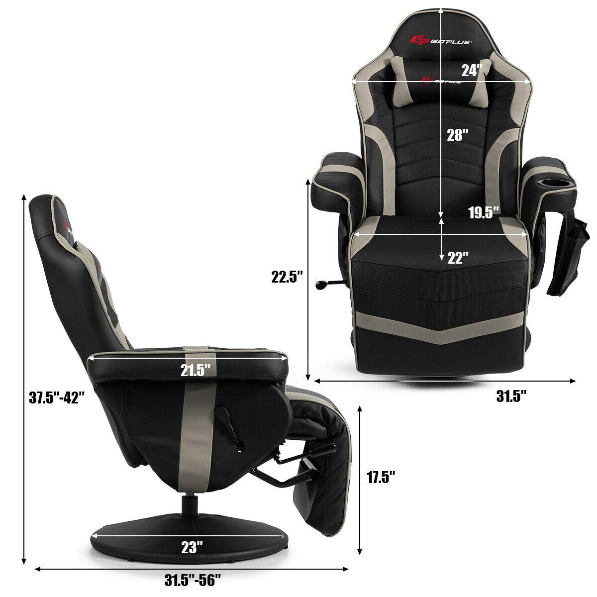Goplus Massage Gaming Chair, Racing Style Gaming Recliner w/Adjustable Backrest and Footrest, Ergonomic High Back PU Leather Computer Office Chair Swivel Game Chair w/Cup Holder and Side Pouch Goplus
