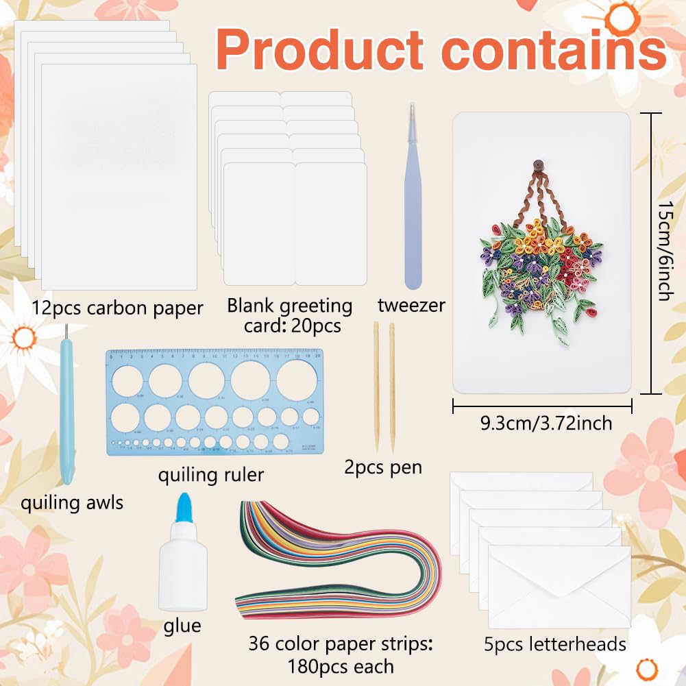 WEBEEDY 20 Sets Paper Quilling Kit for Adult Beginner DIY Flower Basket Themes Quilling Blank Card Kit 5 Styles Flower Basket Greeting Card Making Kit with Instruction for Birthday Halloween Christmas WEBEEDY