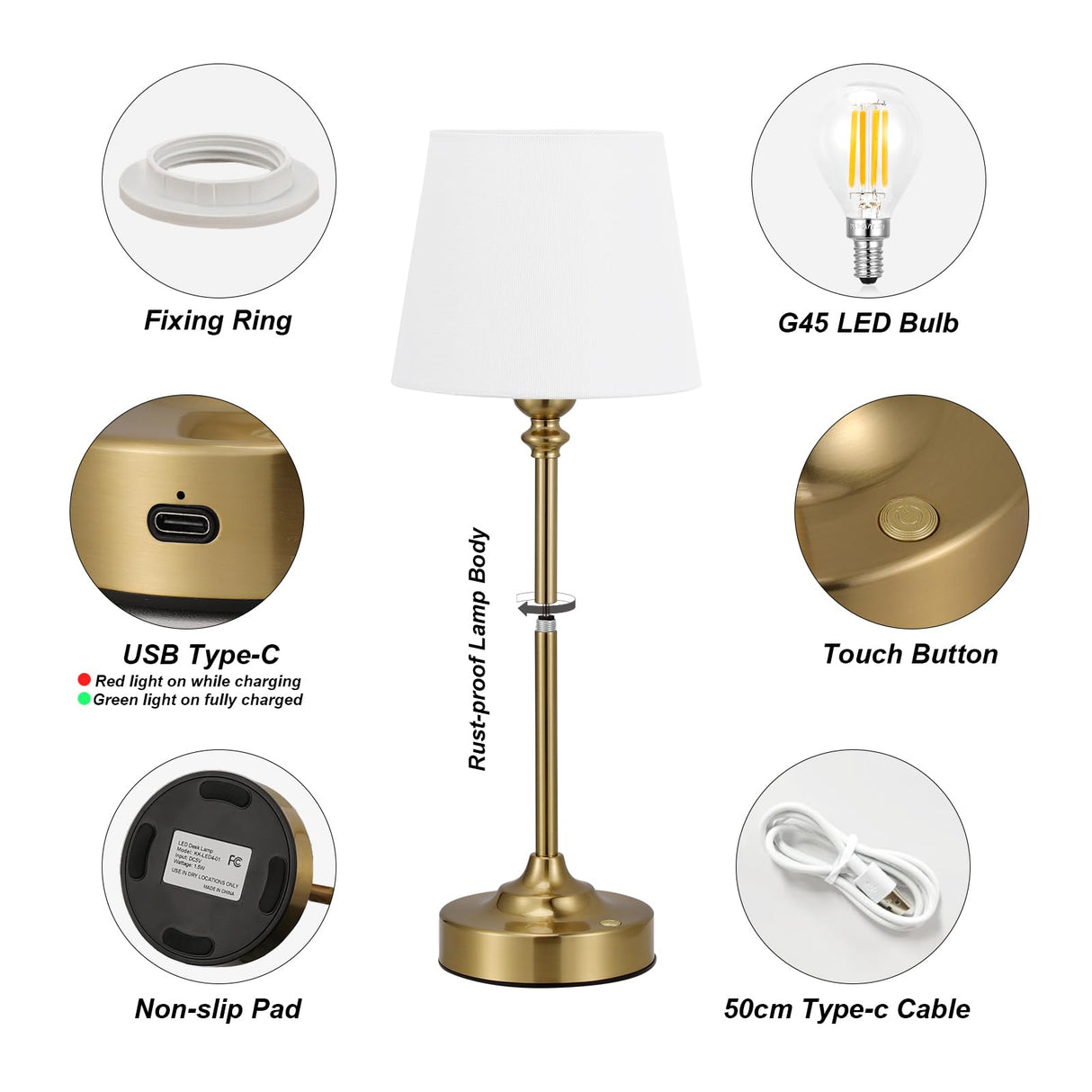 Cordless Table Lamp Rechargeable Gold - 1 Pack Brass 4000mAH Battery Operated Lamp for Decor, 3000K Stepless Dimming Touch Control Wireless Lamp for Bedroom, Dining Table, Counter, Living Room Kakanuo