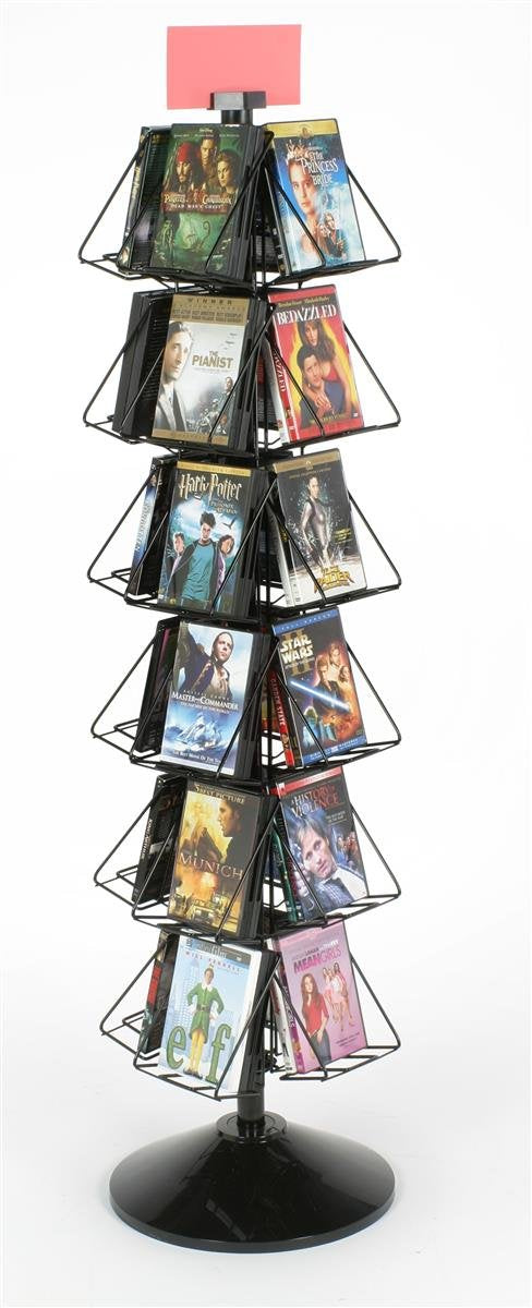 Wire Display Rack for Small Books or DVDs, 24-Pocket Floor-Standing Fixture, 360 Degree Rotating Stand - Black Welded Wire with Plastic Base and Sign Holder Displays2go