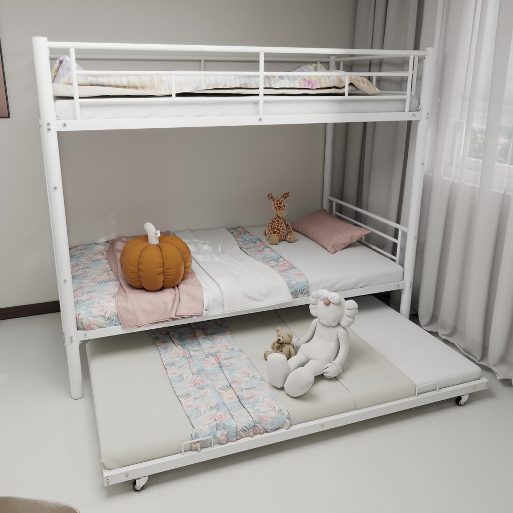Beaunicorn Triple Bunk Bed, Heavy-Duty Metal 3 Bunk Bed Twin Over Twin for Kids Adults, 78.10" x 41.40" x 61.00" Noise Reduced, with Safety Guardrail, No Box Spring Needed (White) Beaunicorn