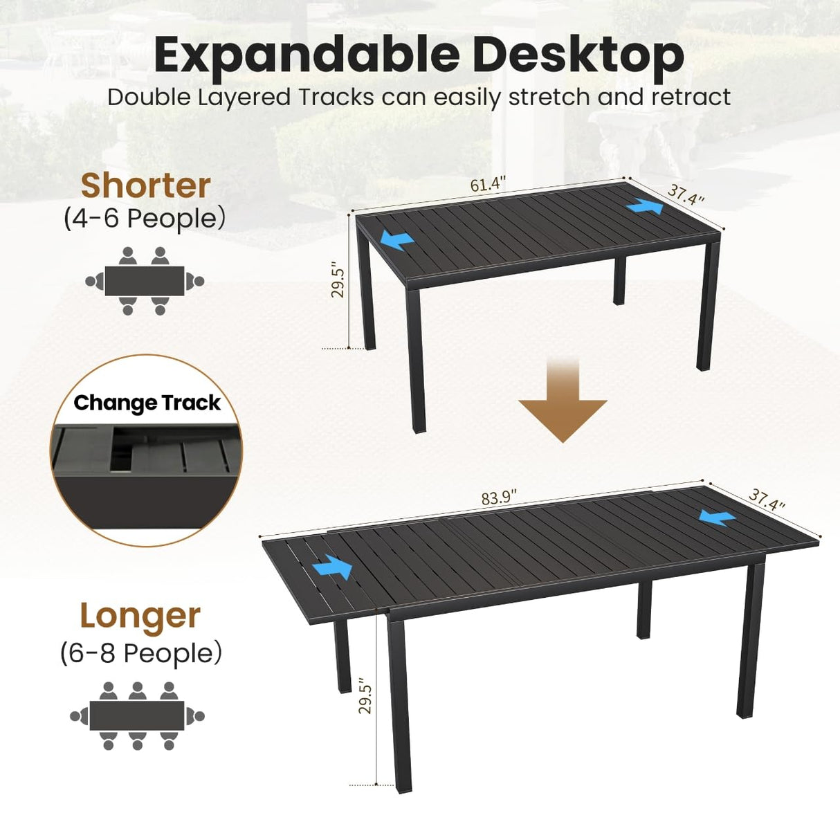 BUPPLEE 38"-84" Extendable Outdoor Dining Table Set for 4-8 Person, Rectangular Outdoor Furniture Adjustable Table & 6Pcs Textilene Chairs for Porch,Backyard, Garden, Poolside and Deck-7 Piece Grey BUPPLEE