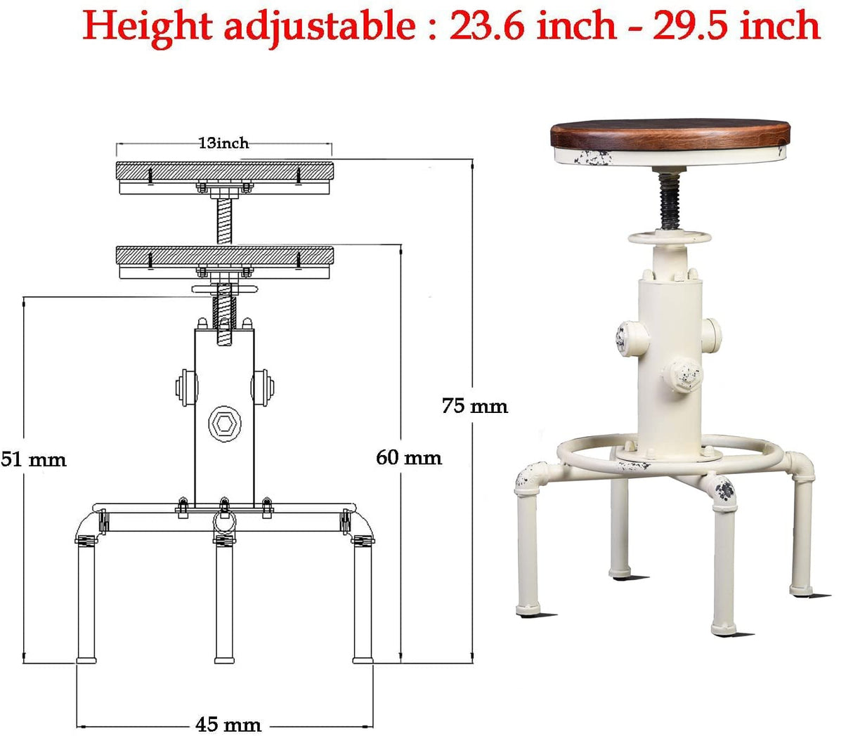 Topower Aged Antique Vintage Industrial Barstool Solid Wood Water Pipe Fire Hydrant Design Cafe Coffee Industrial Bar Stool Set of 2 Antique White Topower