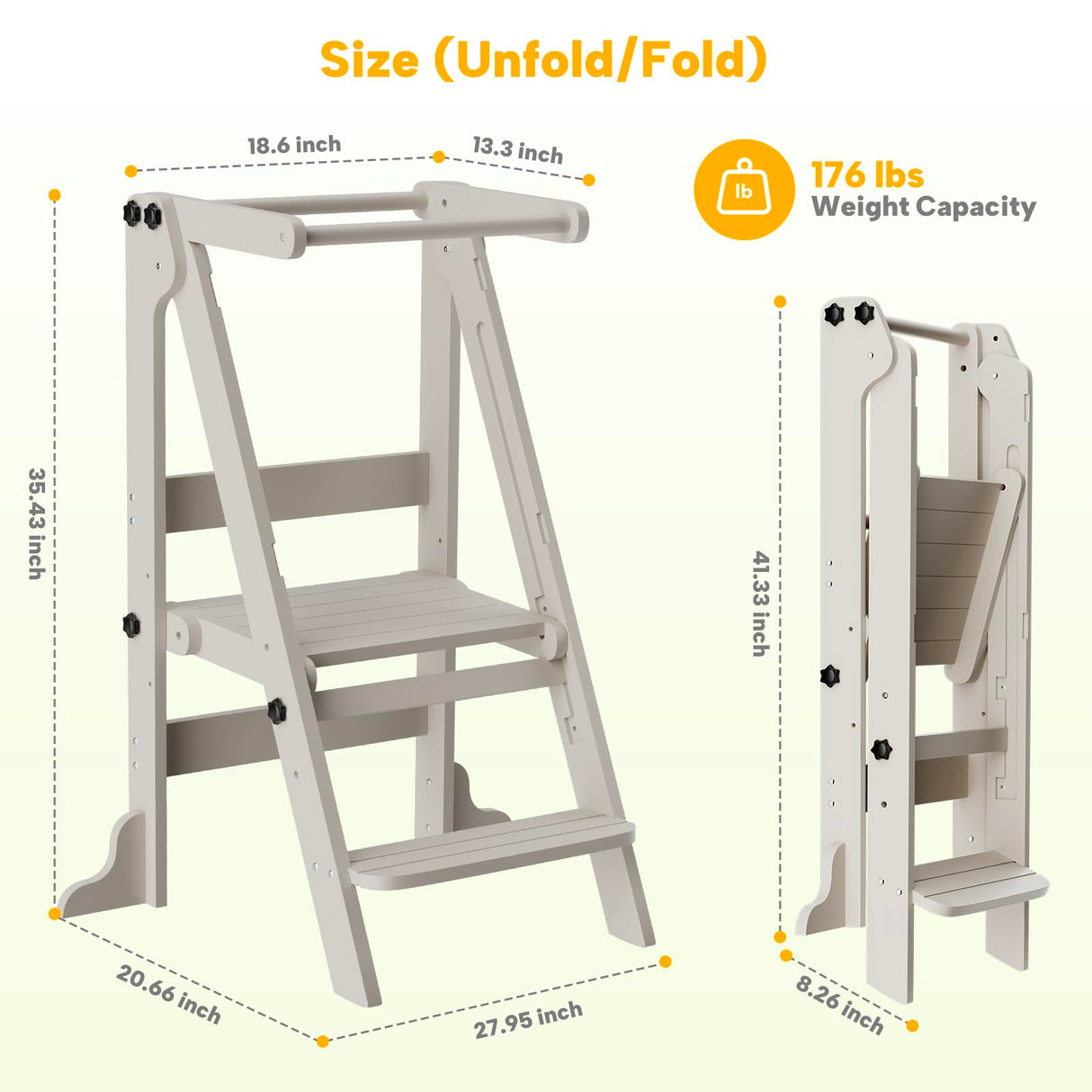 Toddler Tower Foldable, Kitchen Step Stool Helper with Safety Railing & 3 Adjustable Heights, Standing Tower with Double-Sided Drawing Board, Montessori Kitchen Tower for Toddlers/Kids Learning (Grey) SAUCE ZHAN